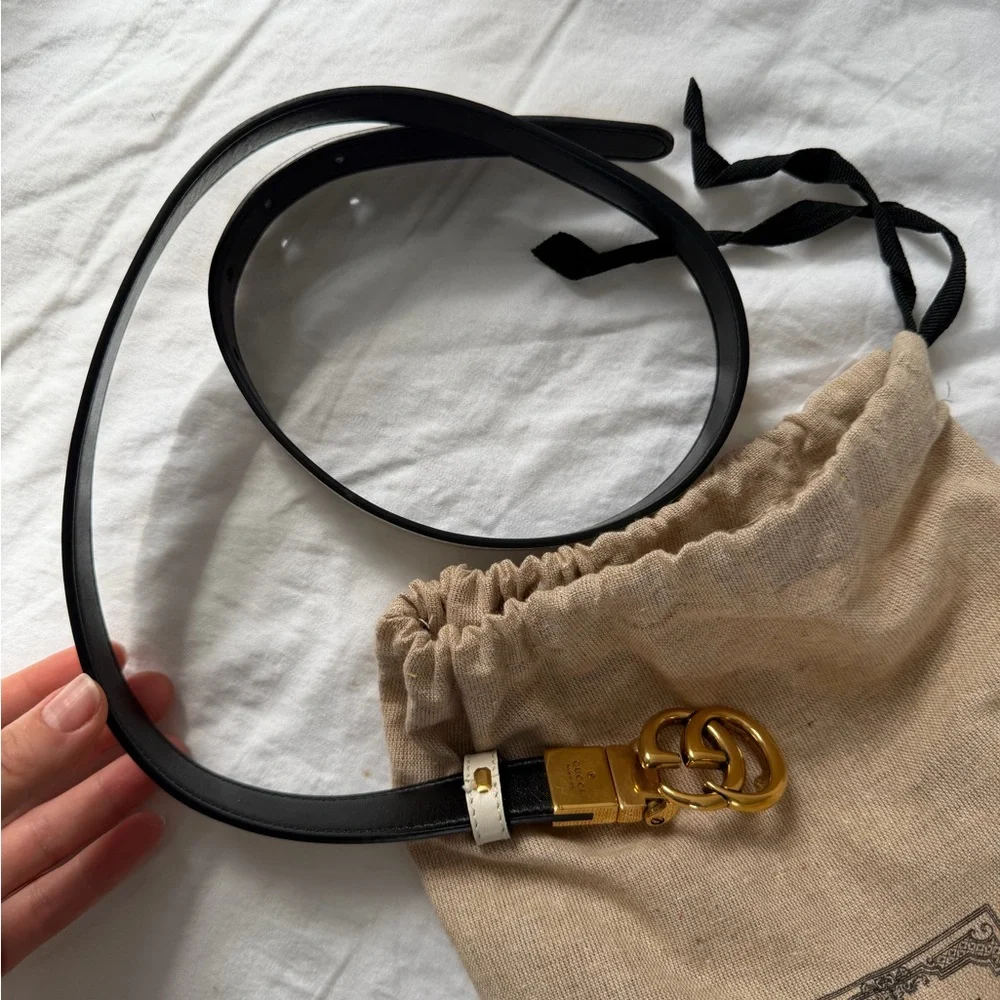 Authentic Gucci Blondie Marmont Reversible Thin Belt Black Beige leather 2 in 1